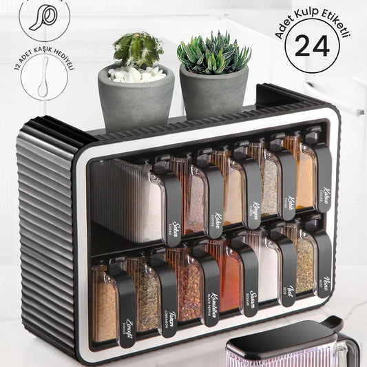 12 Pièces Ensemble de Bocaux à Épices Autocollants avec Support, Couvercles et Cuillères - Bocaux à Épices avec Poignée et Étiquette