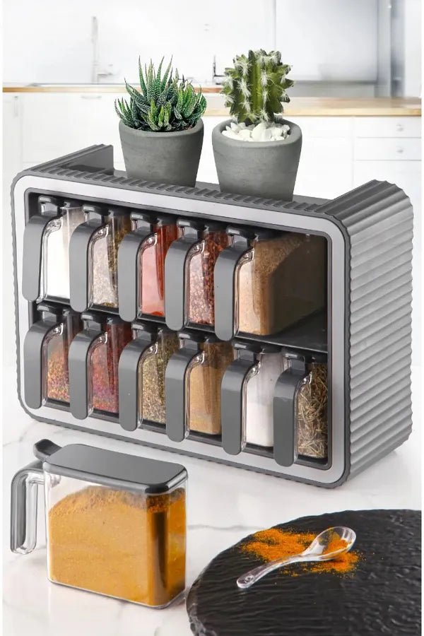 Set de 12 Pots à Épices avec Support & Cuillères Intégrées