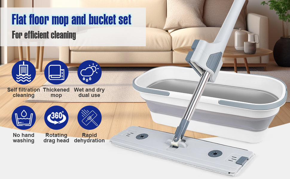 Serpillière plat auto-essoreur avec seau pliable