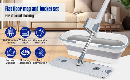 Serpillière plat auto-essoreur avec seau pliable