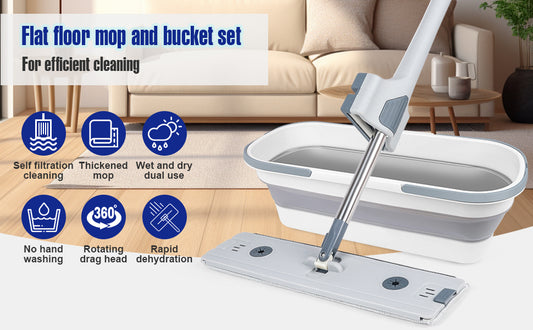 Serpillière plat auto-essoreur avec seau pliable