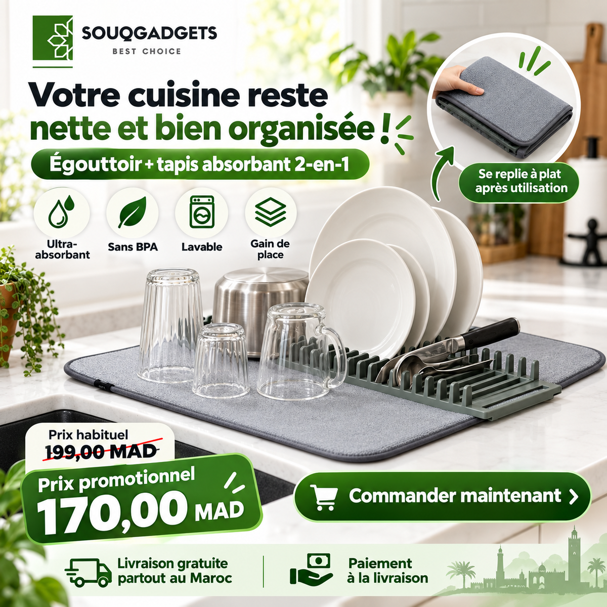 Égouttoir à vaisselle avec tapis de séchage