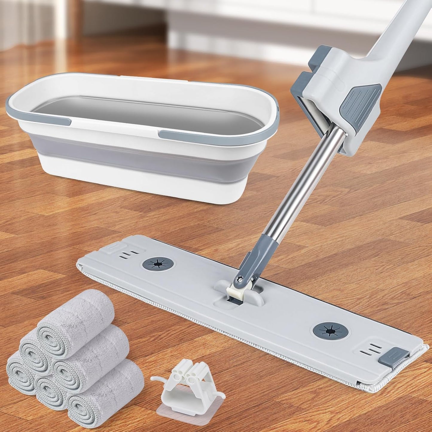 Serpillière plat auto-essoreur avec seau pliable