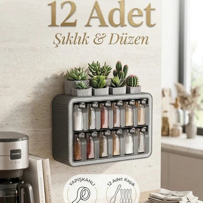 Set de 12 Pots à Épices avec Support & Cuillères Intégrées