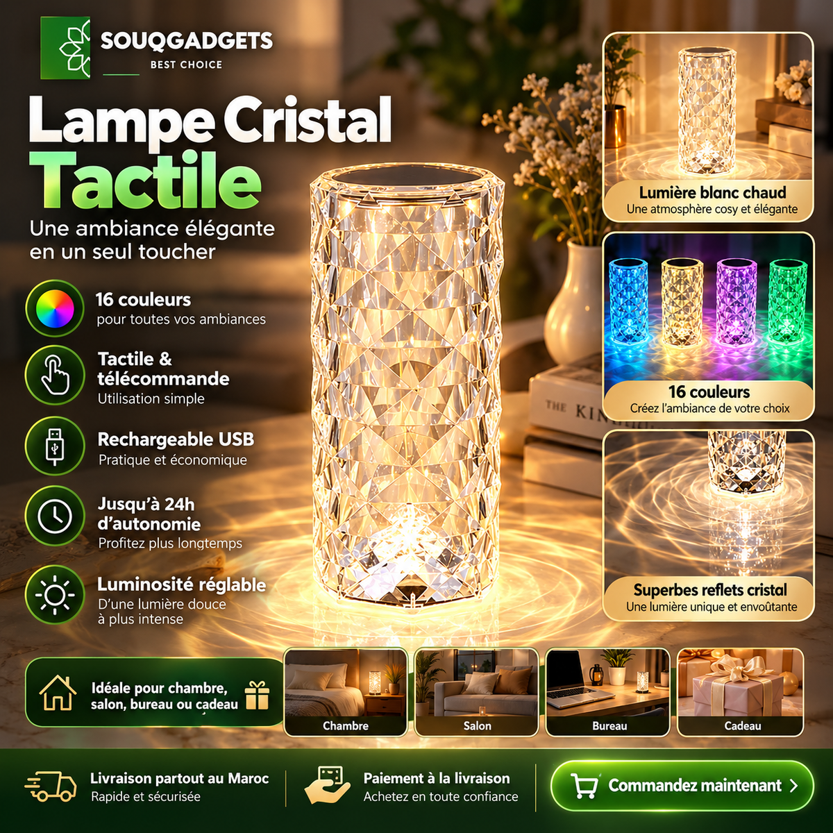 Lampe Cristal LED Tactile Rechargeable
